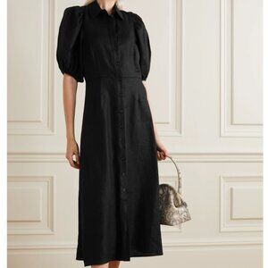 LES RÊVERIES Black Linen Puff Sleeve Cutout Shirt Dress